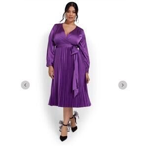 New York & Company Purple Pleated Midi Length Dress Long Sleeve Size Medium